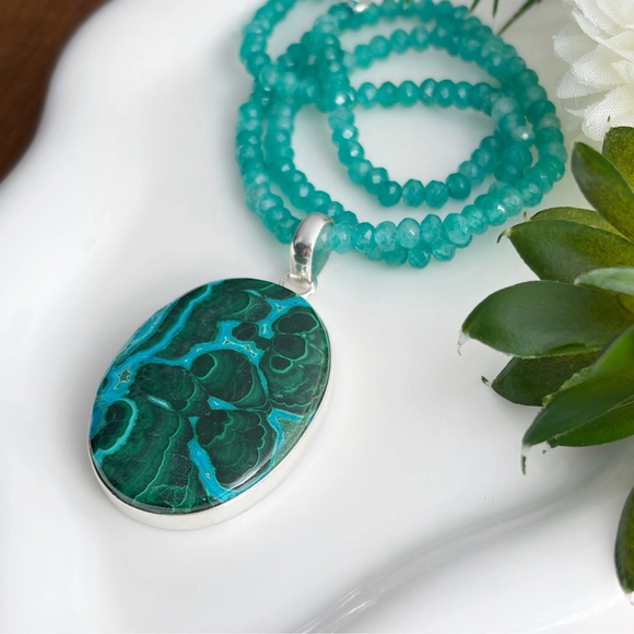 Large Top Quality Pure Sterling Silver 925 Malachite Chrysocolla Pendant - Picture 5 of 10